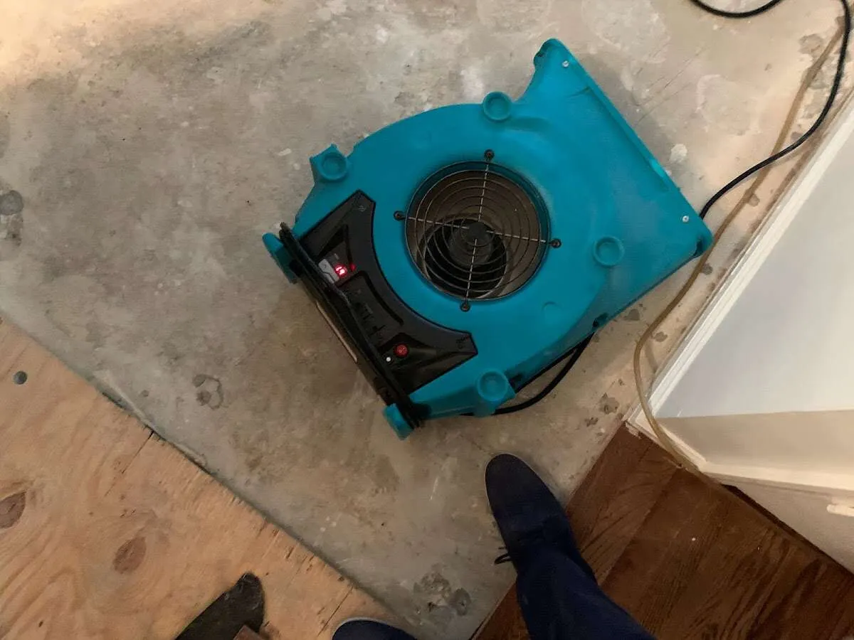 Air mover drying subfloor during Leak Detection & Repair in Denair